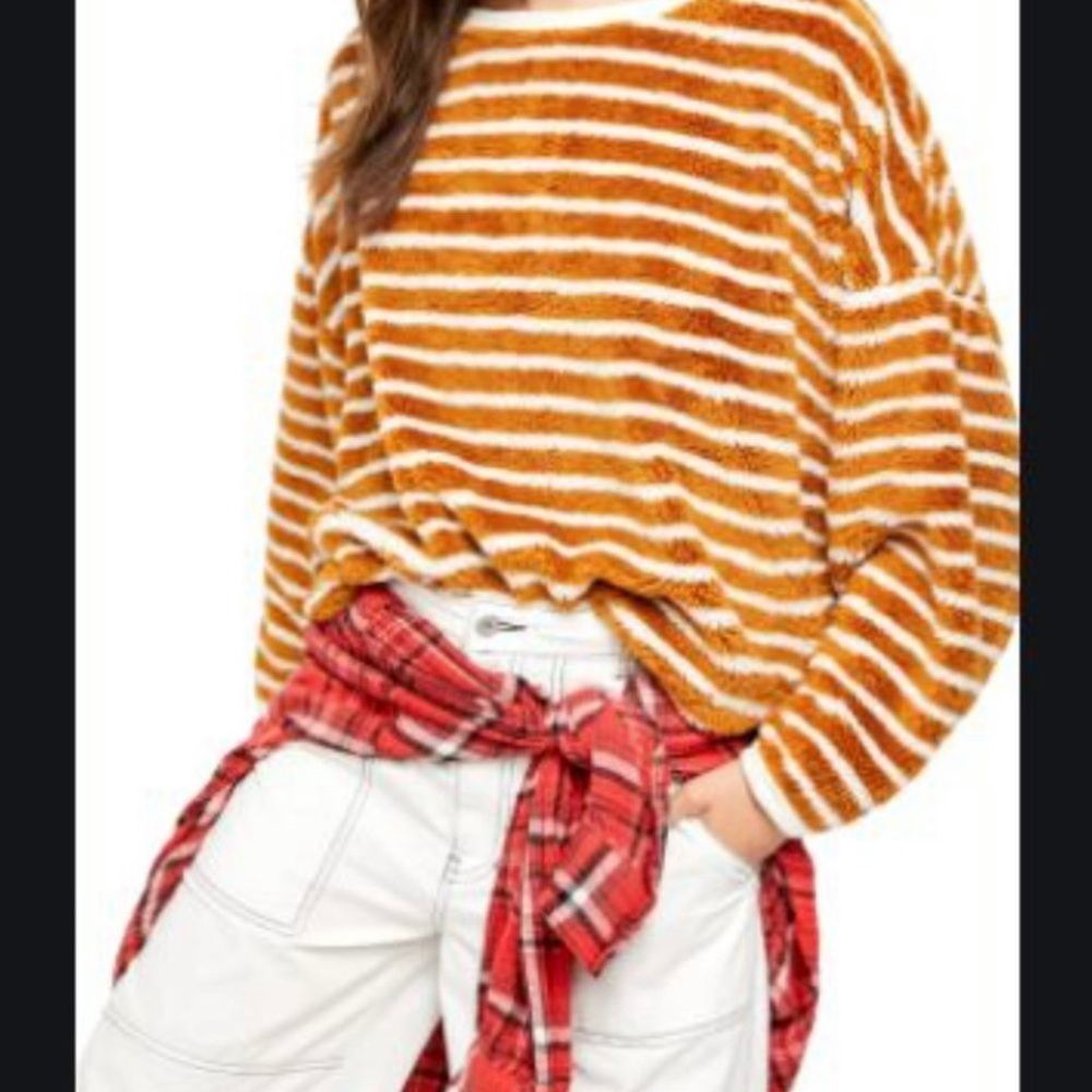 Free People Breton Striped Fuzzy Pullover Sweatshirt Size XS